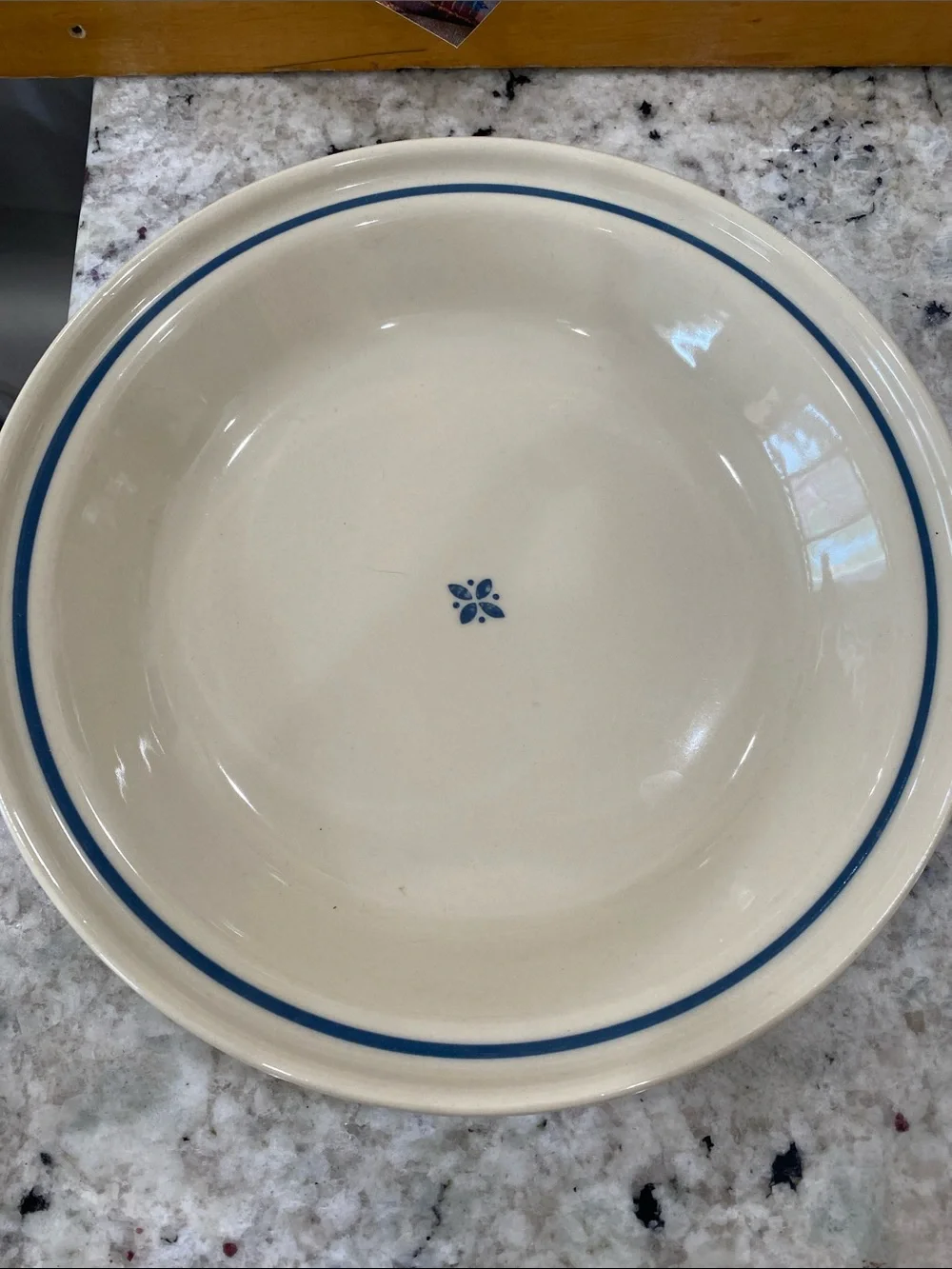 Longaberger Cream Serving Bowl with Blue Rim and Motif